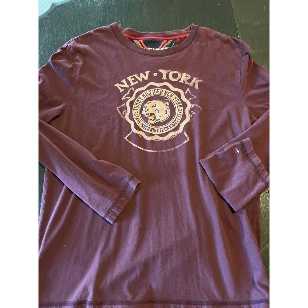 Tommy Hilfiger New York Long Sleeve T Shirt Burgundy Tiger Graphic‎